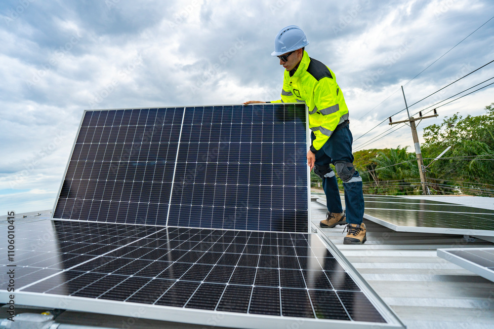 A skilled technician adjusts a solar panel on rooftop, emphasizing the transition to sustainable energy. Equipped with safety gear, the worker demonstrates precision in renewable energy installations. A skilled technician adjusts a solar panel on rooftop, emphasizing the transition to sustainable energy. Equipped with safety gear, the worker demonstrates precision in renewable energy installations.