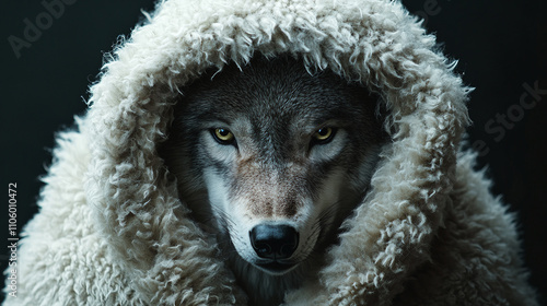 Wolf in sheep costume, an evil disguise of deception and fraud, cunning and dishonesty, with an animal skin of deceit trick, as a metaphor for a predator in danger.