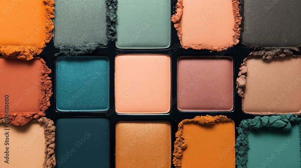 Fototapeta premium Close-up of a colorful makeup palette with various textured eyeshadows in a grid pattern