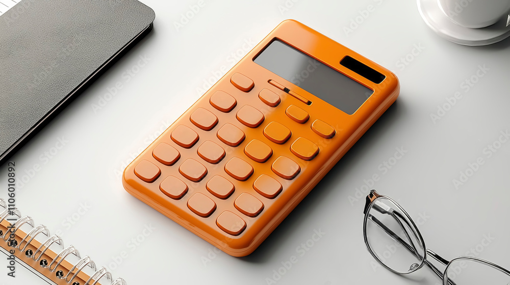 Bright orange calculator on a minimalist workspace with notebook and glasses during daylight hours Bright orange calculator on a minimalist workspace with notebook and glasses during daylight hours