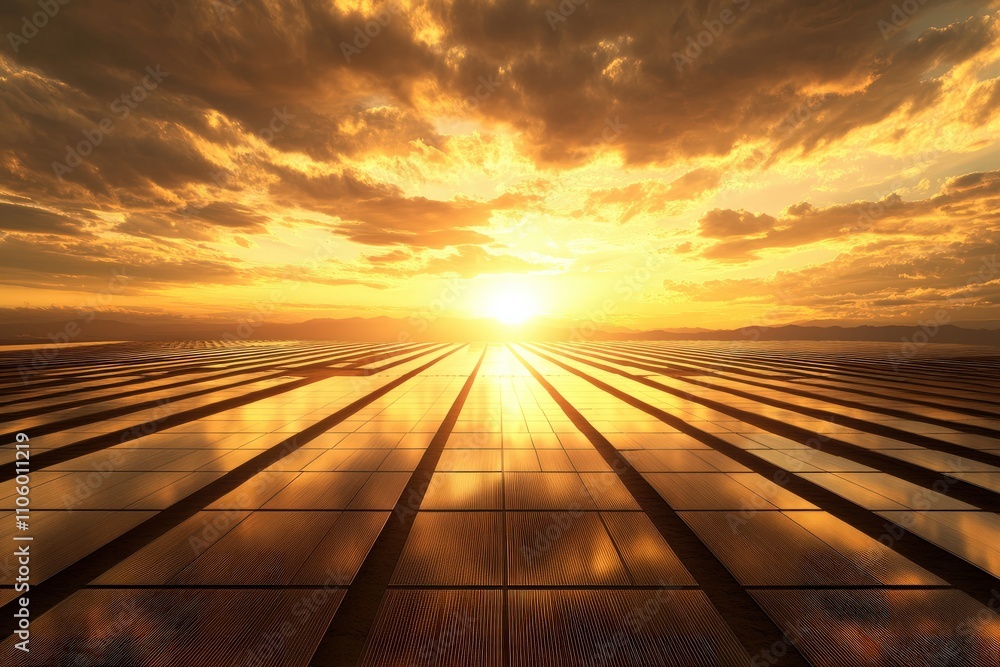 Large-scale solar farm in a desert, endless rows of solar panels, sunset casting golden light, focus on renewable energy production in harsh climates Large-scale solar farm in a desert, endless rows of solar panels, sunset casting golden light, focus on renewable energy production in harsh climates