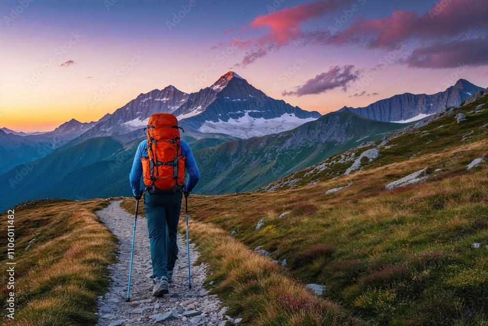 Fototapeta premium Trekking Adventure: Hiker on a Vibrant Mountain Path During Dawn