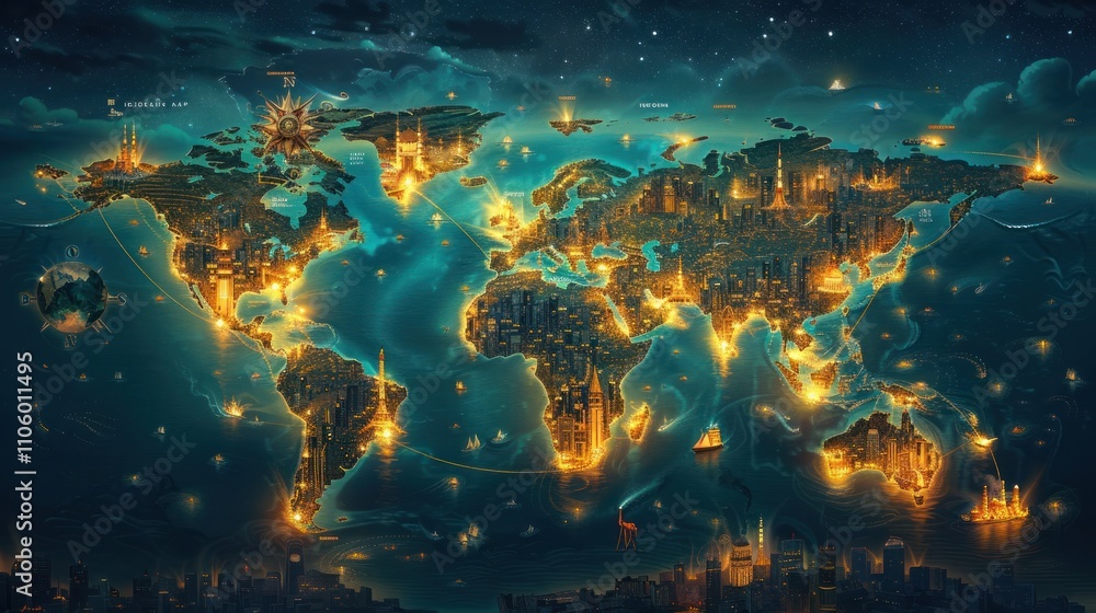 Illuminated world map showing the interconnected global landscape with glowing cities transportation networks and energy infrastructure Illuminated world map showing the interconnected global landscape with glowing cities transportation networks and energy infrastructure