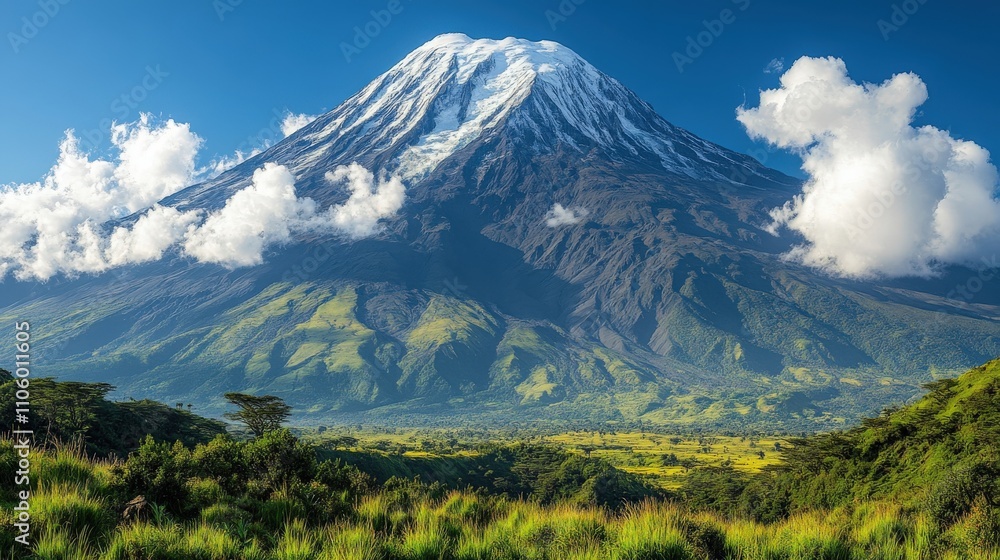 Fototapeta premium A majestic snow-capped volcano surrounded by lush green landscapes and blue skies.