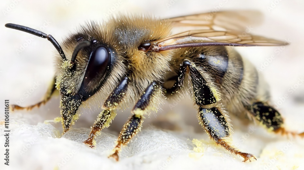 Close-up of a bee covered in pollen. Close-up of a bee covered in pollen.