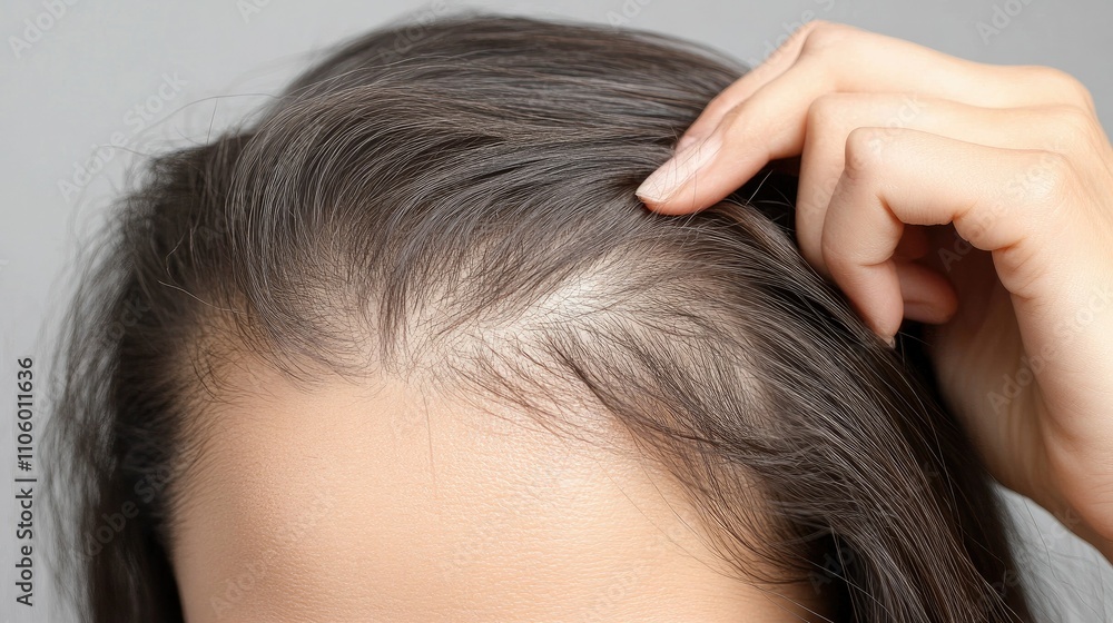 Fototapeta premium A gentle hand motion parting thin hair, emphasizing scalp visibility and the challenge of hair loss.