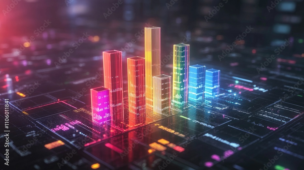 A glowing 3D bar graph with metallic, multicolored bars representing financial data, set on a sleek, futuristic digital platform with soft shadows. A glowing 3D bar graph with metallic, multicolored bars representing financial data, set on a sleek, futuristic digital platform with soft shadows.