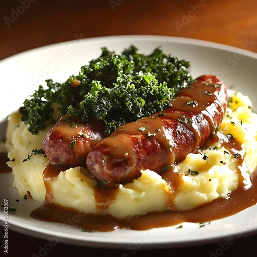 Dutch stamppot, creamy mashed potatoes mixed with kale and topped with a smoked sausage. Served on a white plate with a drizzle of brown gravy.  photo