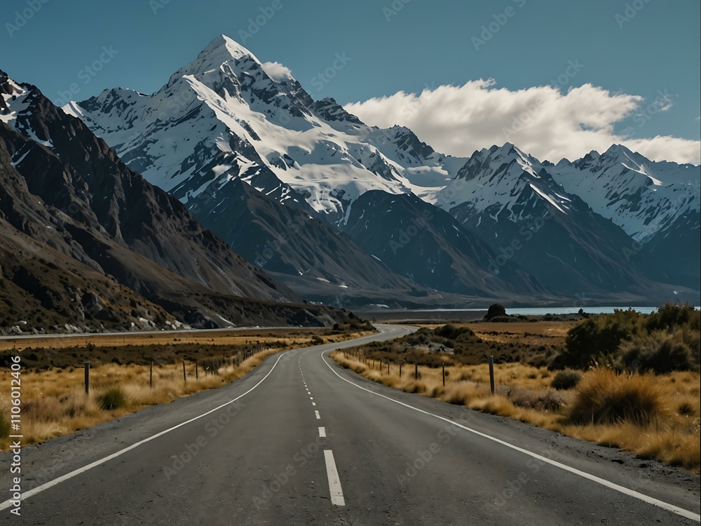 Fototapeta premium Empty road leading to New Zealand’s Mount Cook.
