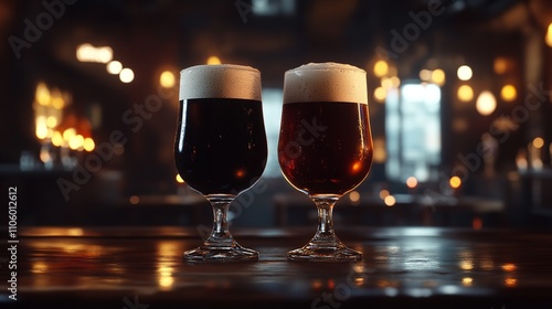 Pair of Beer Glasses with Dark and Light Brews Captured