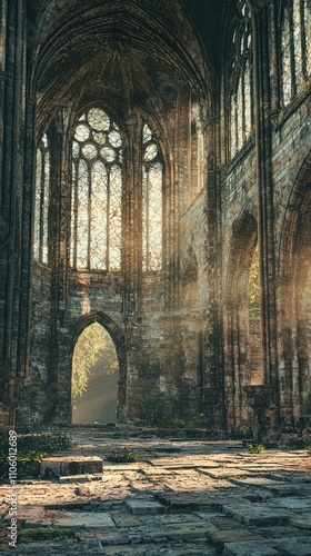 Ancient Cathedral Ruins with Tall Arches Bathed in Sunlight, Showcasing Broken Structures and Serene Natural Surroundings