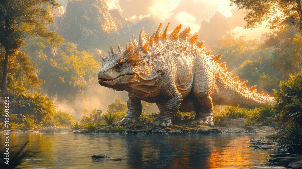 Here's a suggested and keywords for your stock photo.. Majestic golden dinosaur by tranquil water at sunrise. Here's a suggested and keywords for your stock photo.. Majestic golden dinosaur by tranquil water at sunrise.
