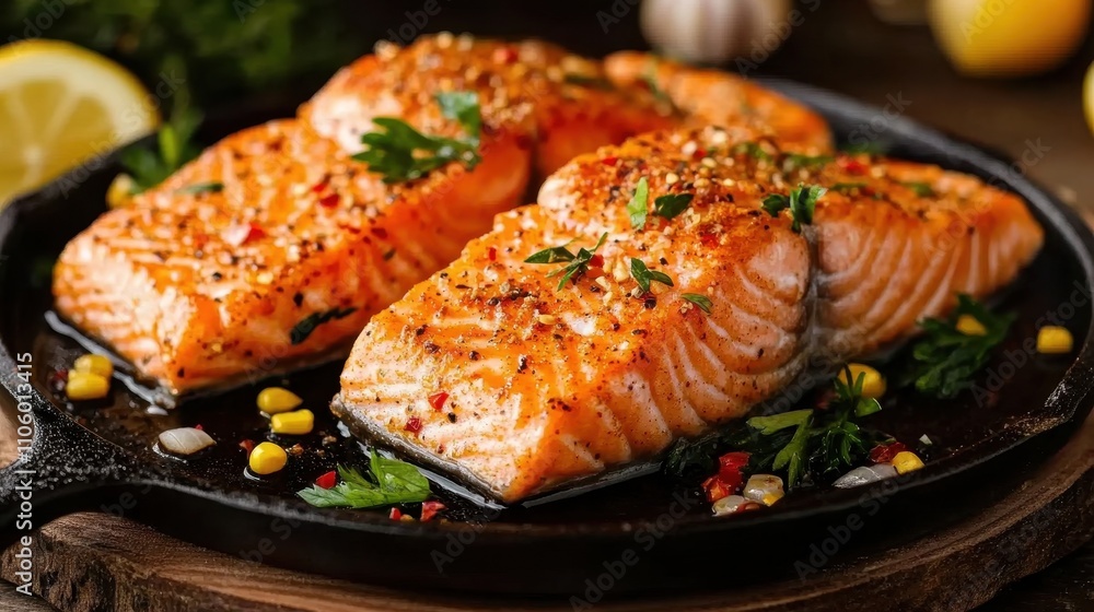 Spicy Cajun Salmon Fillets on Cast Iron Skillet Spicy Cajun Salmon Fillets on Cast Iron Skillet