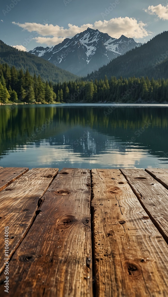 Empty wooden tabletop with a serene lake and mountains in the background. Empty wooden tabletop with a serene lake and mountains in the background.