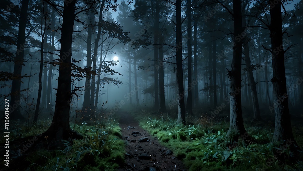 Fototapeta premium Enchanted foggy forest under moonlight.