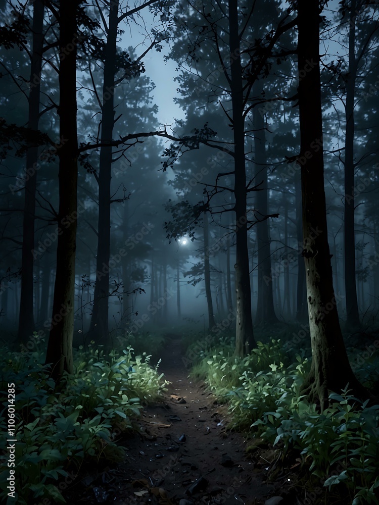 Obraz premium Enchanted foggy forest under moonlight.