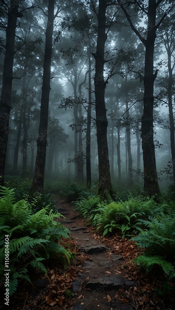 Fototapeta premium Enchanted foggy forest with mystical glowing ambiance.