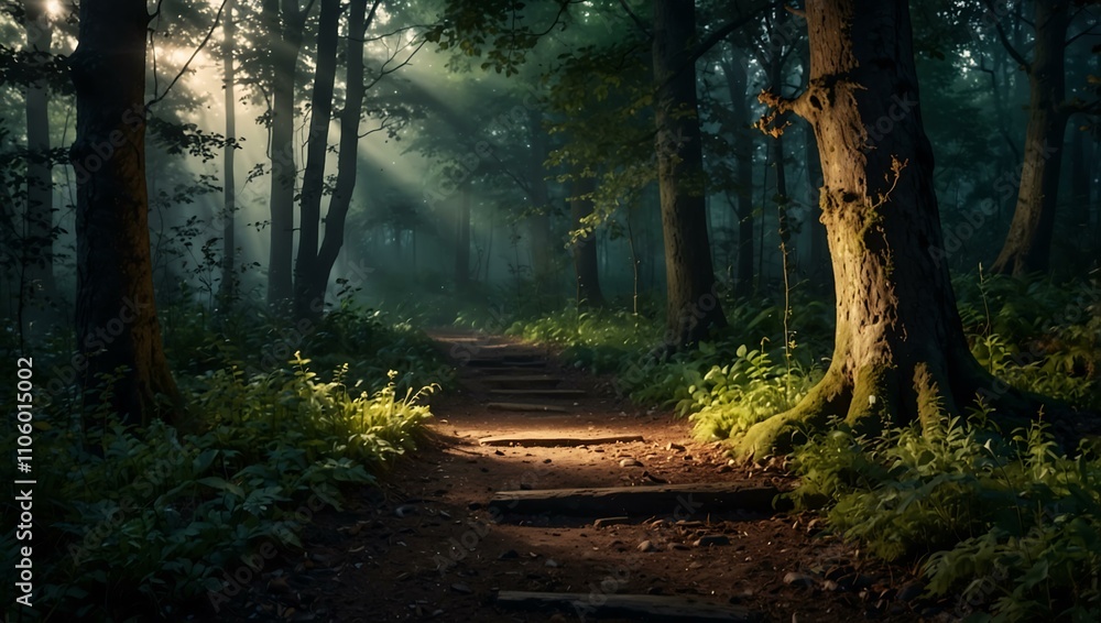 Obraz premium Enchanted forest path with mystical light.