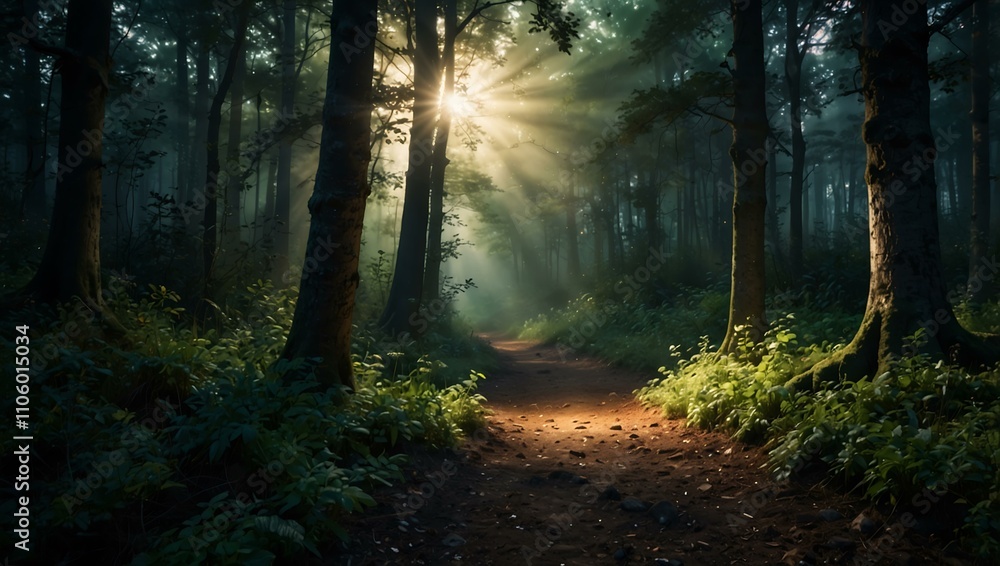 Obraz premium Enchanted forest path with mystical light.