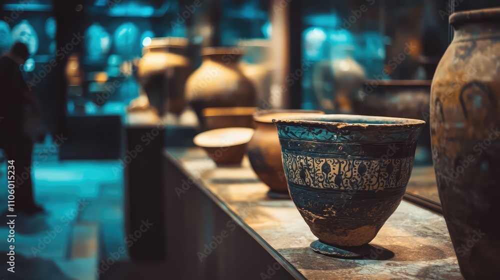 Ancient Pottery Fragments Displayed in a Dimly Lit Museum Setting, Showcasing Intricate Designs and Textures of Historical Artifacts Ancient Pottery Fragments Displayed in a Dimly Lit Museum Setting, Showcasing Intricate Designs and Textures of Historical Artifacts