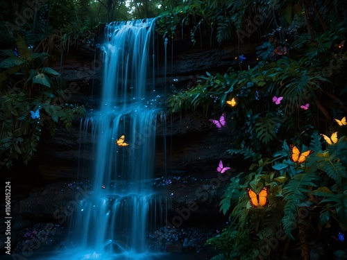 Enchanted forest waterfall with glowing butterflies.