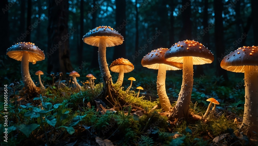 Fototapeta premium Enchanted forest with glowing mushrooms at dusk.