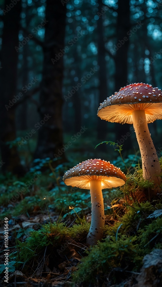 Fototapeta premium Enchanted forest with glowing mushrooms at dusk.