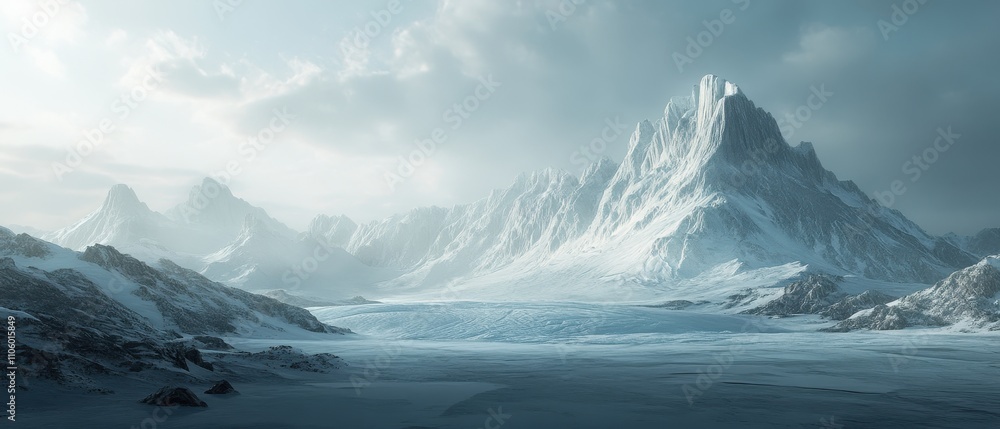 Majestic snow-capped mountain range under a cloudy sky in a serene winter landscape Majestic snow-capped mountain range under a cloudy sky in a serene winter landscape
