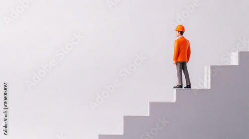 A miniature figure in an orange jacket and helmet stands on white stairs, symbolizing progress and aspiration in construction or development.