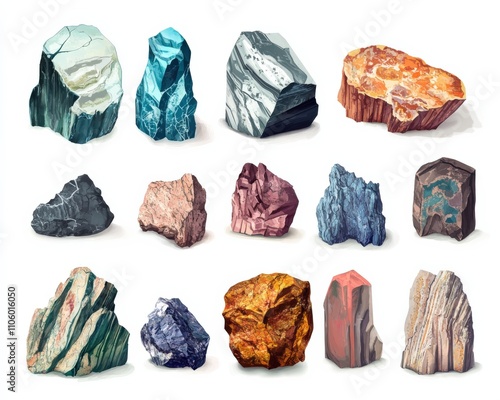Metamorphic Rock Specimens Collection. Various Stone and Mineral Samples in Geologic Set