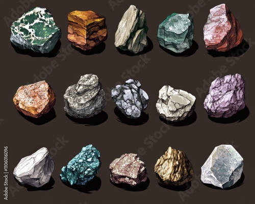 Metamorphic Rock Specimens Set. Display of Natural Geologic Stones and Minerals