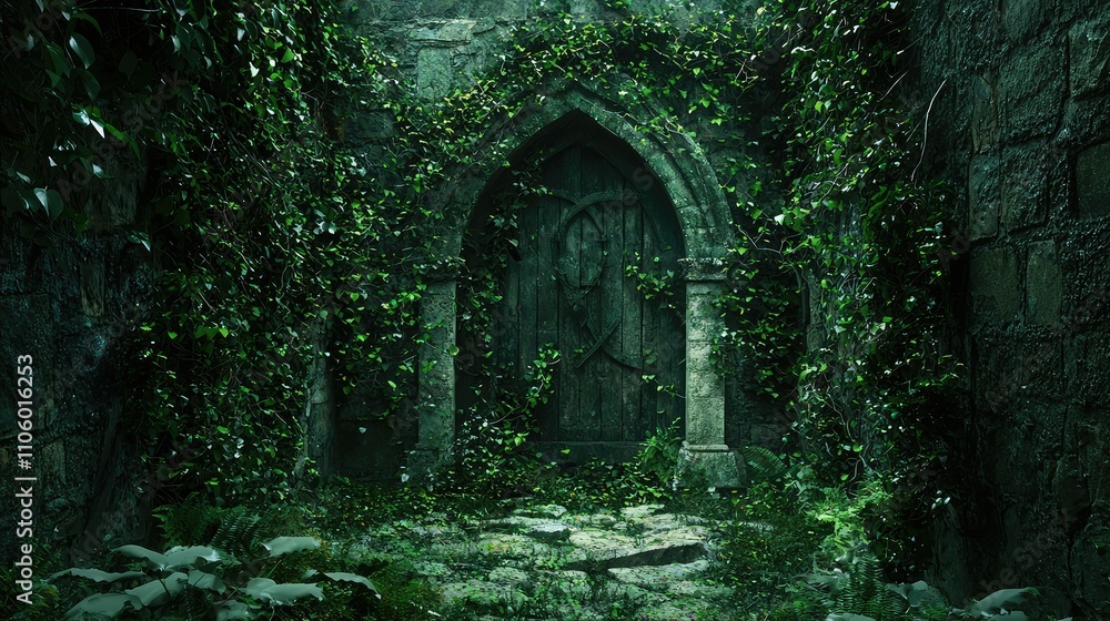 Fototapeta premium Ancient Stone Archway Leading to a Mystical Garden Surrounded by Lush Greenery and Overgrown Vines in an Enigmatic Atmosphere Full of Nature's Beauty