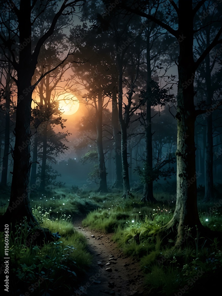 Enchanted magical twilight forest with moonlight. Enchanted magical twilight forest with moonlight.