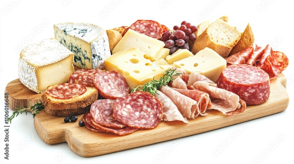 A picnic scene featuring toasted bread served with a variety of cheeses and cured meats, beautifully displayed on a wooden board against a white background, evoking a sense of outdoor enjoyment. A picnic scene featuring toasted bread served with a variety of cheeses and cured meats, beautifully displayed on a wooden board against a white background, evoking a sense of outdoor enjoyment.