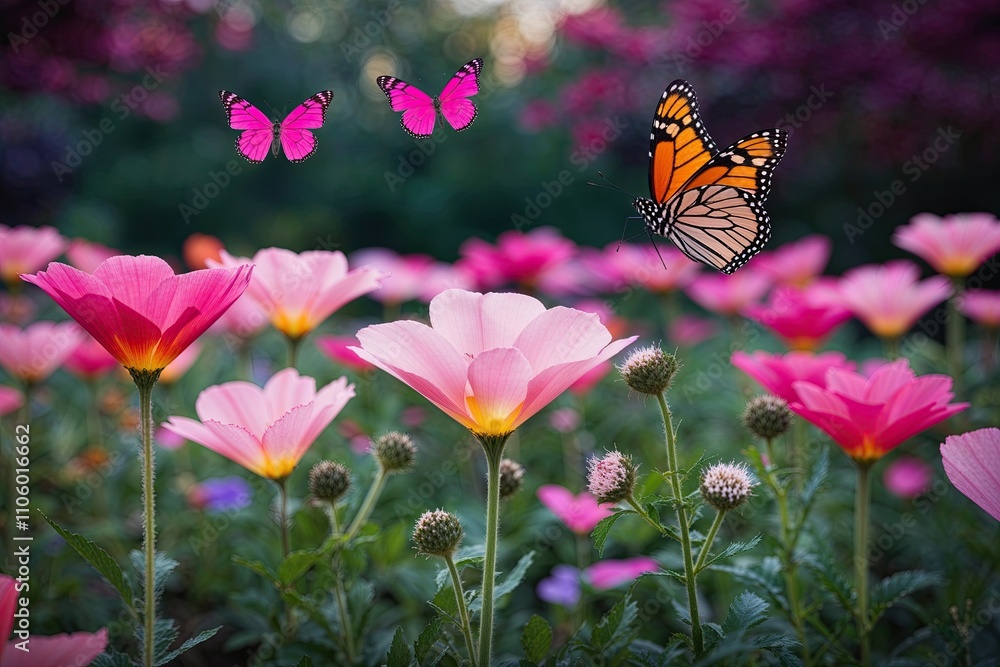 Fototapeta premium Lush Cognitive Paradise of Flowers and Butterflies for Boosting Mental Health and Self-Care Mindset