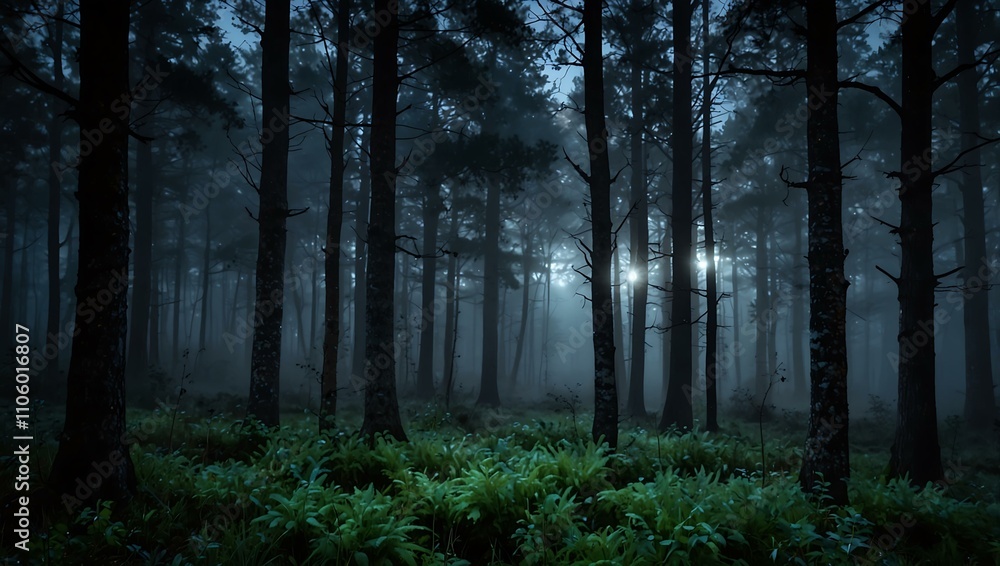 Enchanted moonlit foggy forest at twilight. Enchanted moonlit foggy forest at twilight.