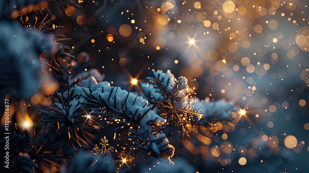 Snow Covered Pine Branch With Sparkling Lights Snow Covered Pine Branch With Sparkling Lights
