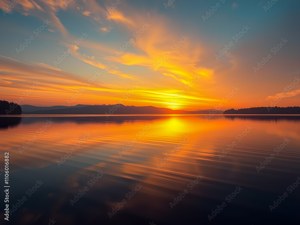 Naklejka premium Beautiful sunset on the lake with reflection in water. Colorful summer landscape.