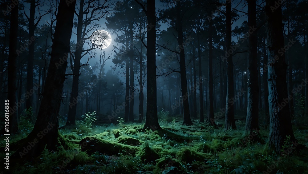 Fototapeta premium Enchanted moonlit twilight forest.