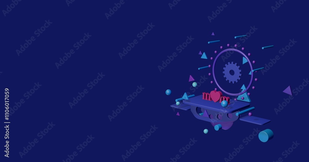 Pink mother's day symbol on a pedestal of abstract geometric shapes floating in the air. Abstract concept art with flying shapes on the right. 3d illustration on indigo background Pink mother's day symbol on a pedestal of abstract geometric shapes floating in the air. Abstract concept art with flying shapes on the right. 3d illustration on indigo background