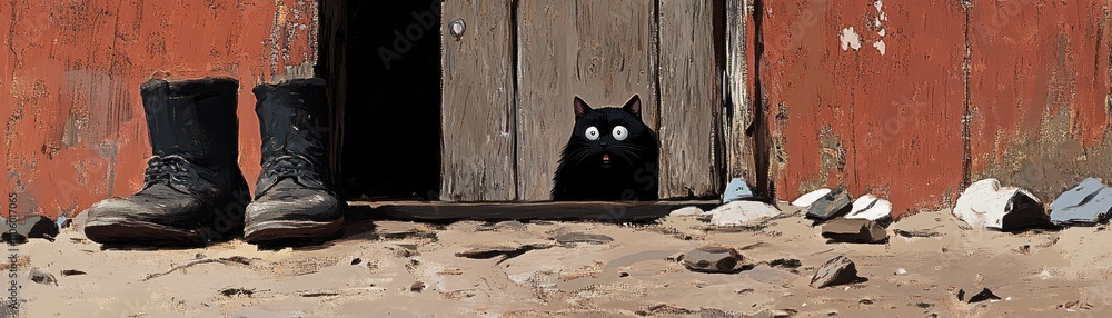 A curious black cat peeks from a rustic doorway beside worn boots on a weathered surface. A curious black cat peeks from a rustic doorway beside worn boots on a weathered surface.