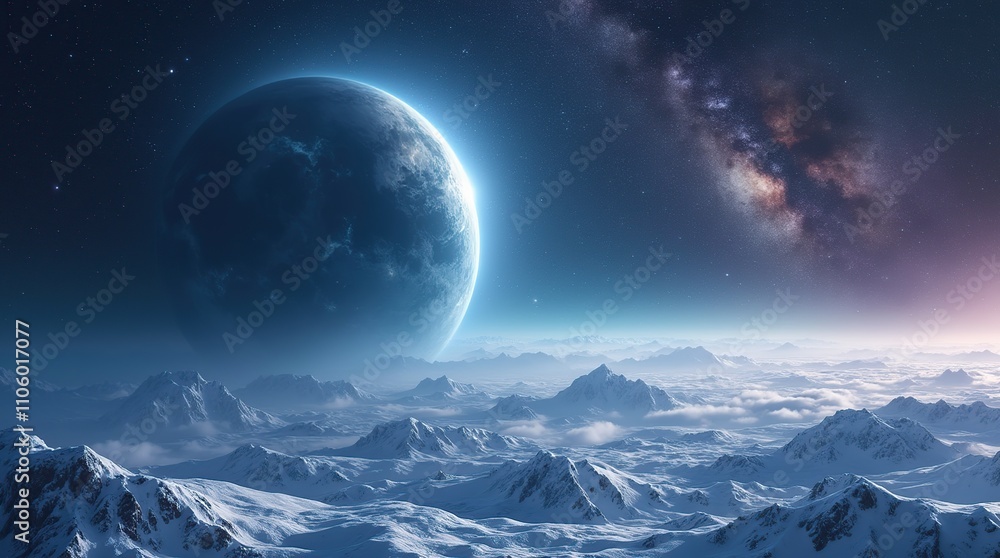 Mystical Cosmic Landscape With Snowy Peaks and Distant Planet Mystical Cosmic Landscape With Snowy Peaks and Distant Planet