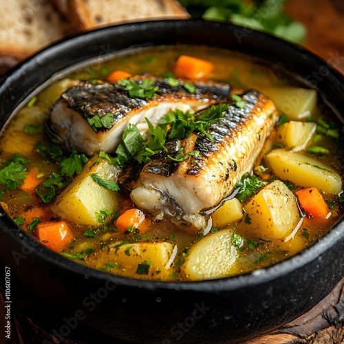  CHILEAN CALDILLO DE CONGRIO featuring a hearty soup with eel fillets, potatoes, and carrots in a flavorful fish broth. photo