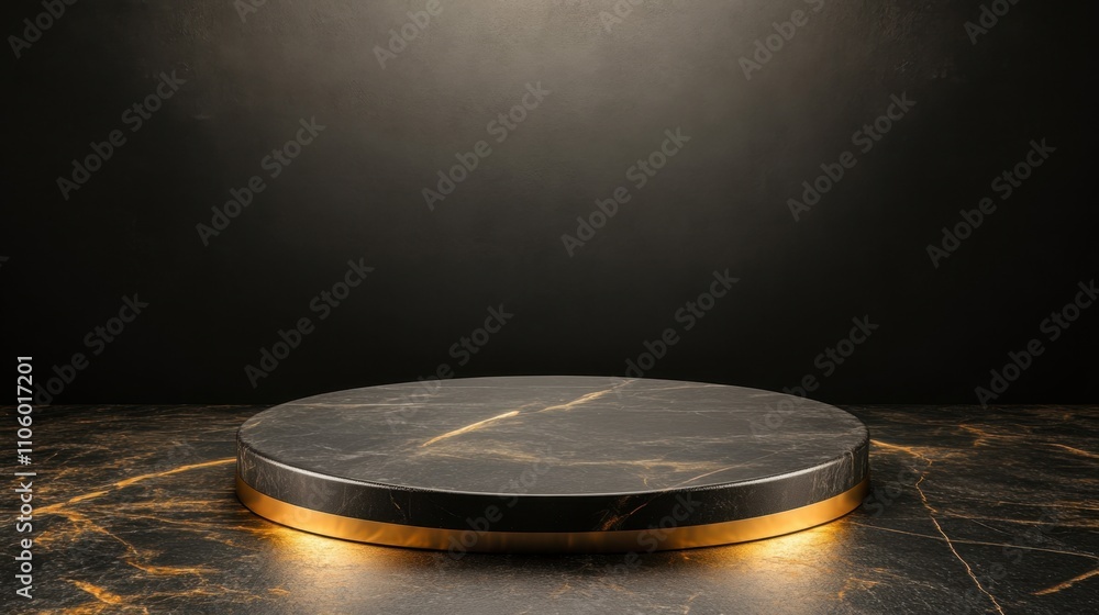 A sleek, round display platform with a dark marble surface and subtle golden accents, set against a minimalist background, ideal for showcasing products. A sleek, round display platform with a dark marble surface and subtle golden accents, set against a minimalist background, ideal for showcasing products.