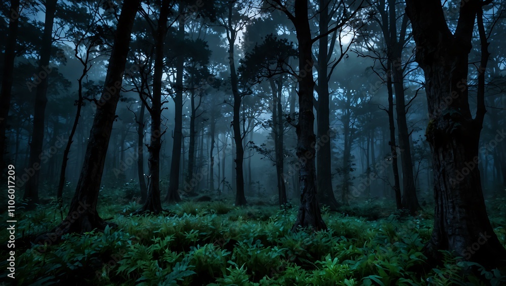 Obraz premium Enchanted twilight forest in moonlit serenity.