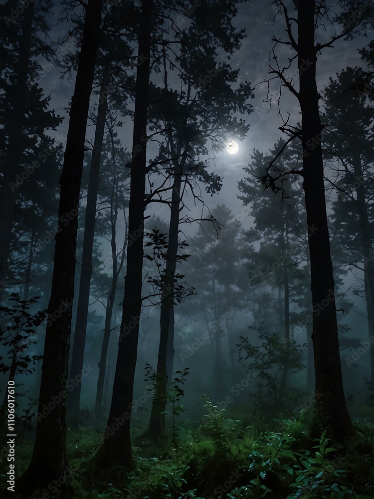 Obraz premium Enchanted, ethereal foggy twilight with moonlit, serene forest.