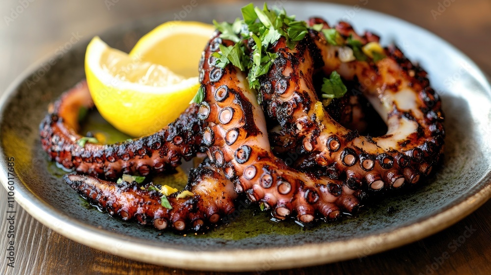 A plate of grilled octopus tentacles, charred to perfection, served with a side of lemon wedges and herbs, showcasing a delicious Mediterranean dish. A plate of grilled octopus tentacles, charred to perfection, served with a side of lemon wedges and herbs, showcasing a delicious Mediterranean dish.
