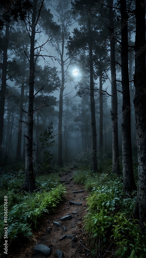 Fototapeta premium Enchanted, foggy forest with moonlight.