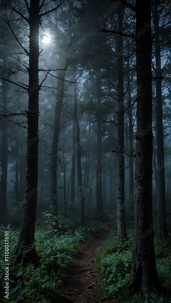 Enchanted, foggy forest with moonlight.