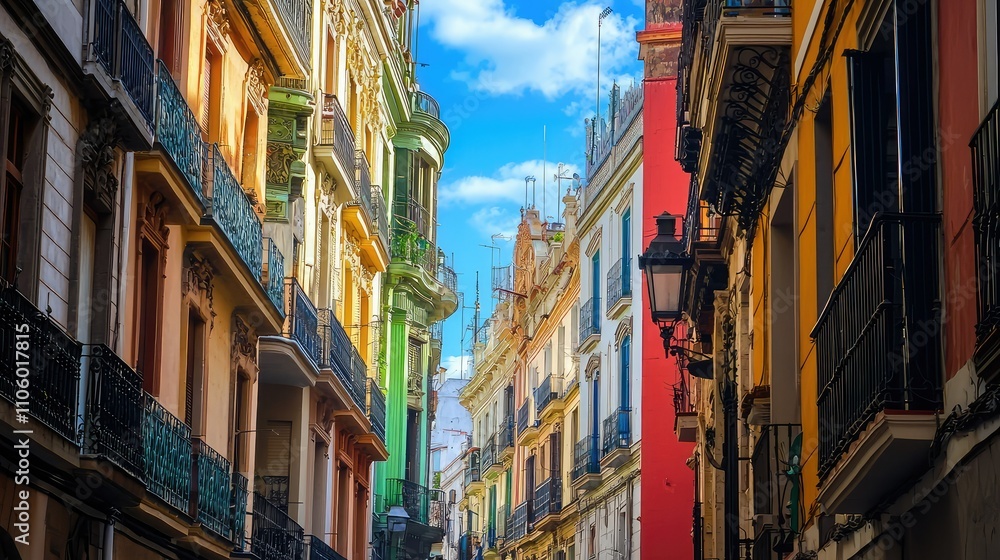 Colorful Architecture of Tall Narrow Buildings in an Urban Setting Under a Bright Sky with Clouds, Showcasing Vibrant Facades and Charming Details Colorful Architecture of Tall Narrow Buildings in an Urban Setting Under a Bright Sky with Clouds, Showcasing Vibrant Facades and Charming Details